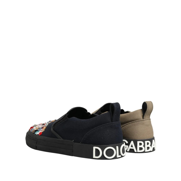 Dolce &amp; Gabbana Blue Canvas Embellished Slip On Men Sneakers Shoes