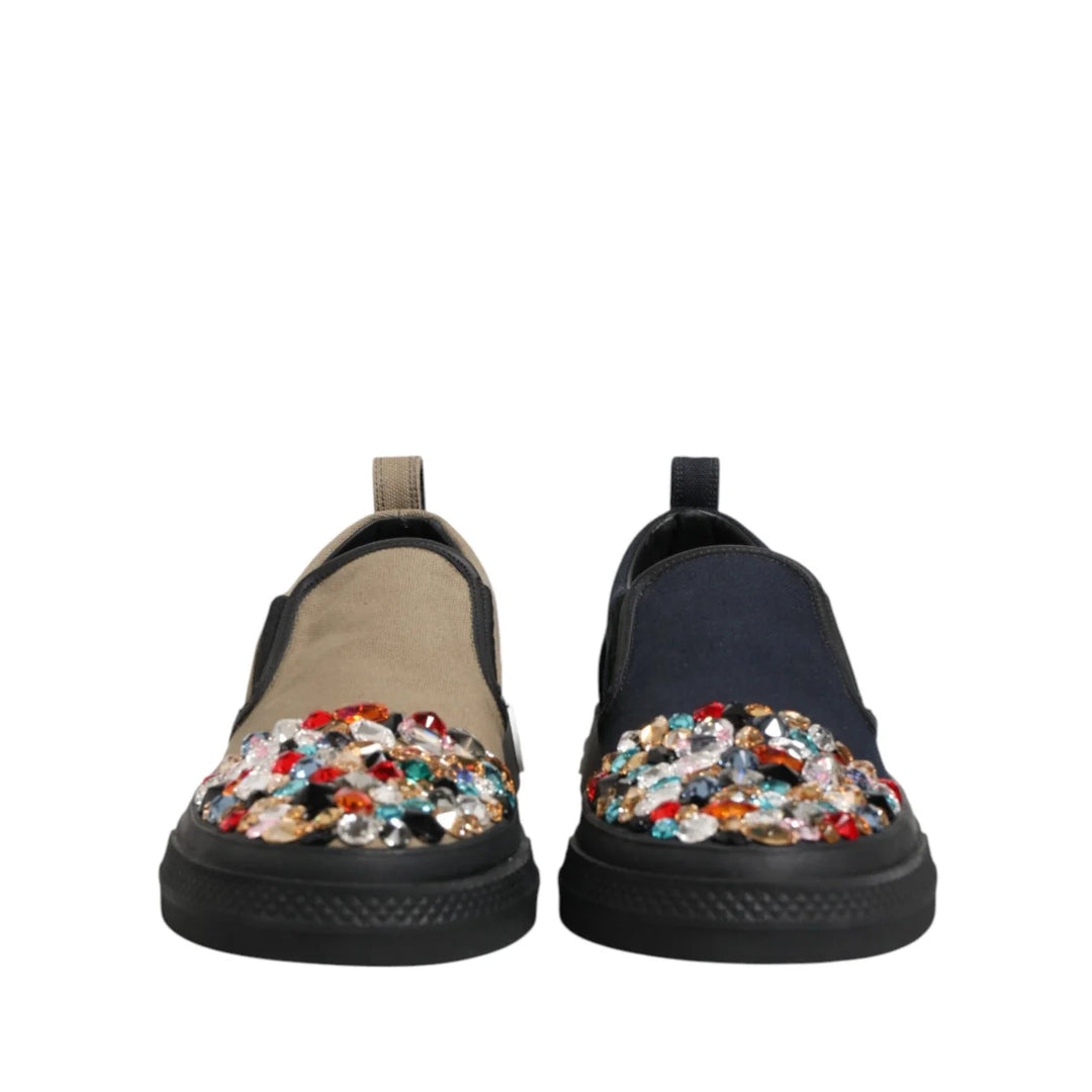 Dolce &amp; Gabbana Blue Canvas Embellished Slip On Men Sneakers Shoes