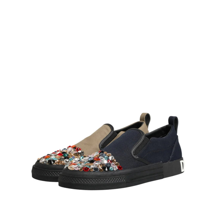 Dolce &amp; Gabbana Blue Canvas Embellished Slip On Men Sneakers Shoes