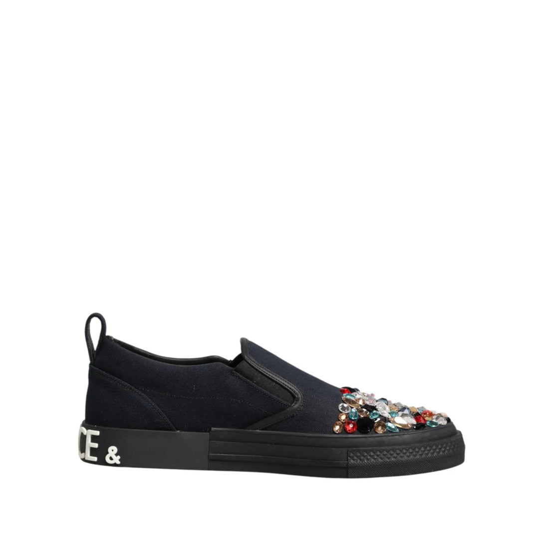 Dolce &amp; Gabbana Blue Canvas Embellished Slip On Men Sneakers Shoes