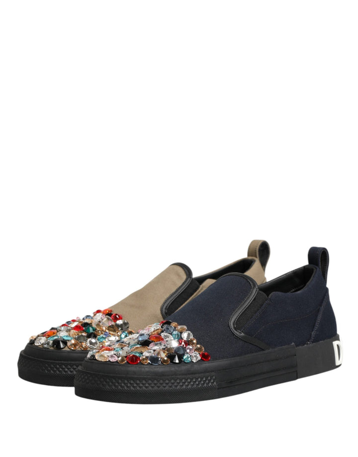 Dolce &amp; Gabbana Blue Canvas Embellished Slip on Men Sneakers Shoes