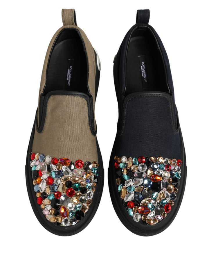 Dolce &amp; Gabbana Blue Canvas Embellished Slip on Men Sneakers Shoes