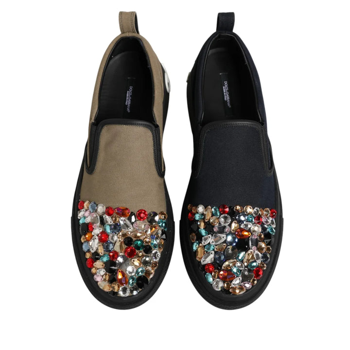 Dolce &amp; Gabbana Blue Canvas Embellished Slip On Men Sneakers Shoes