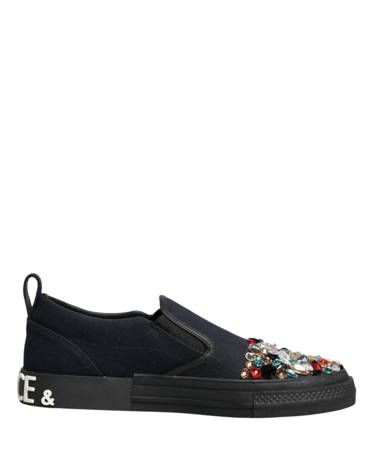 Dolce &amp; Gabbana Blue Canvas Embellished Slip on Men Sneakers Shoes