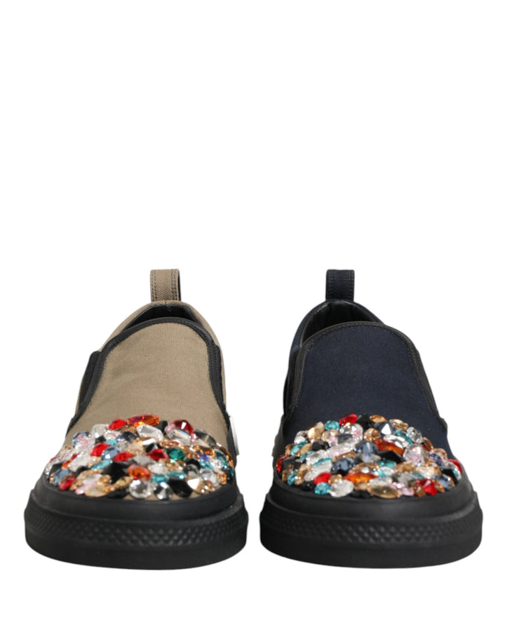 Dolce &amp; Gabbana Blue Canvas Embellished Slip on Men Sneakers Shoes