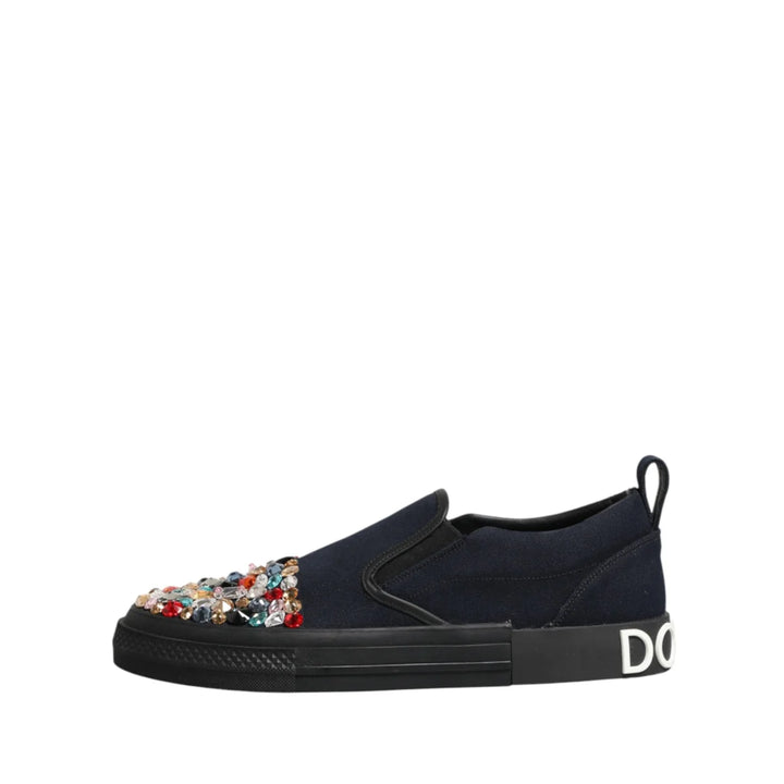 Dolce &amp; Gabbana Blue Canvas Embellished Slip On Men Sneakers Shoes