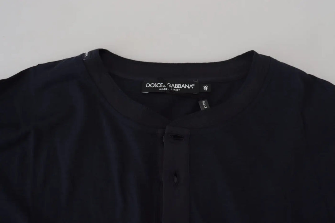 Dolce &amp; Gabbana Blue Cotton Button Crewneck Pullover Sweater