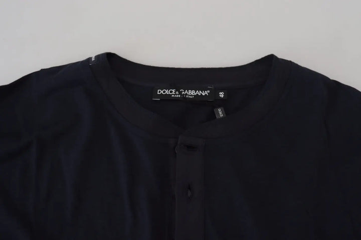 Dolce &amp; Gabbana Blue Cotton Button Crewneck Pullover Sweater