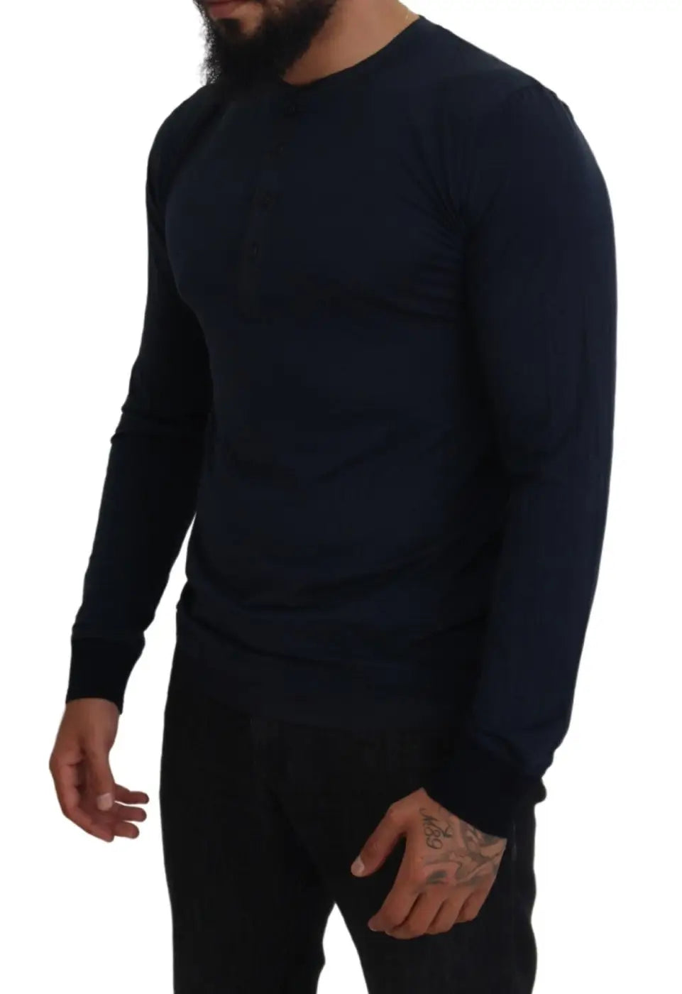 Dolce &amp; Gabbana Blue Cotton Button Crewneck Pullover Sweater