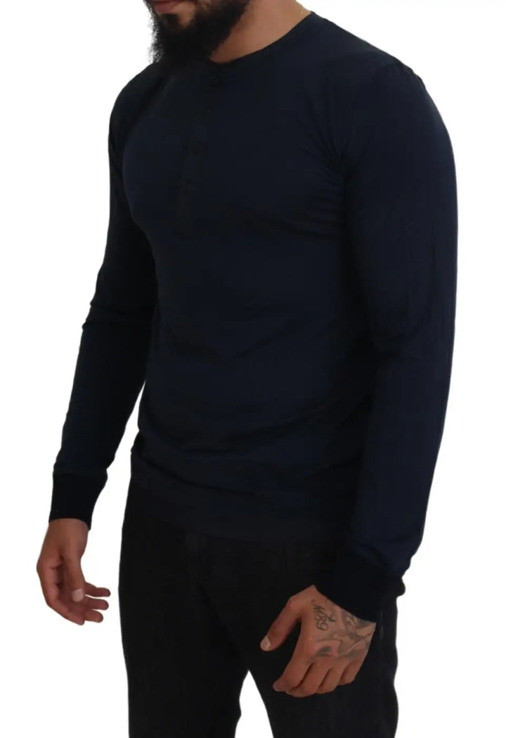 Dolce &amp; Gabbana Blue Cotton Button Crewneck Pullover Sweater