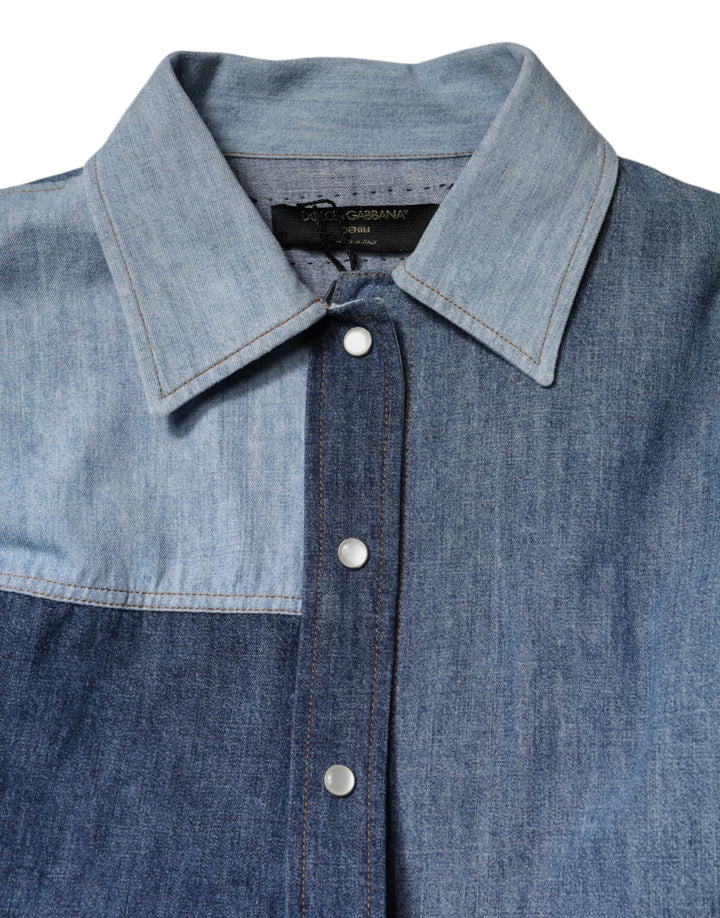 Dolce &amp; Gabbana - Blue Cotton Button Up Collared Long Sleeve Top