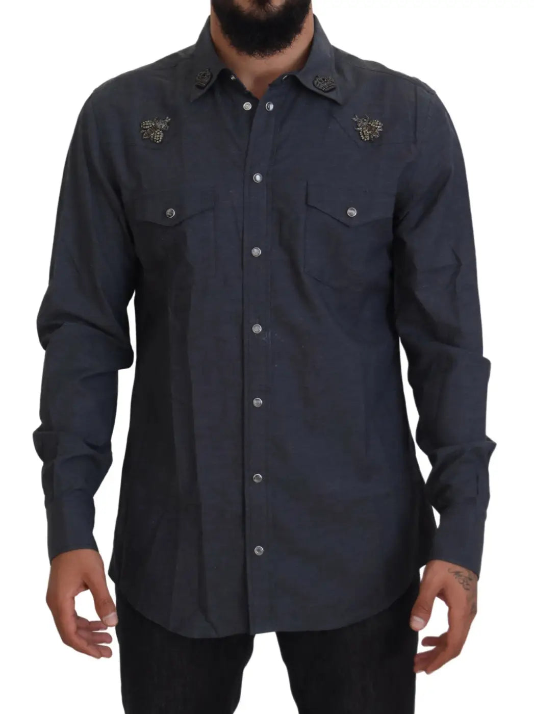 Dolce &amp; Gabbana Blue Cotton Denim Crystal Bee Shirt