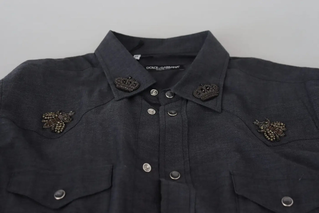 Dolce &amp; Gabbana Blue Cotton Denim Crystal Bee Shirt