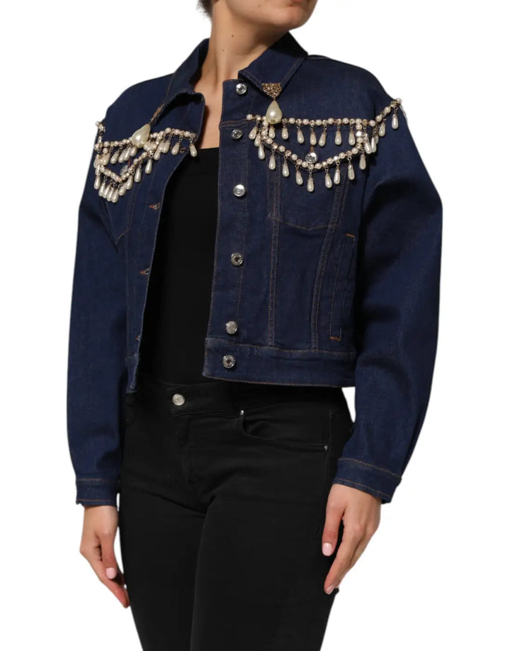 Dolce &amp; Gabbana Blue Cotton Denim Crystal Embellished Jacket