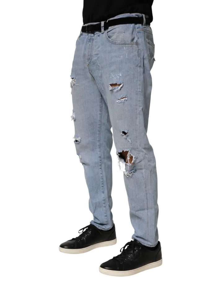 Dolce &amp; Gabbana Blue Cotton Distressed Slim Fit Denim Jeans