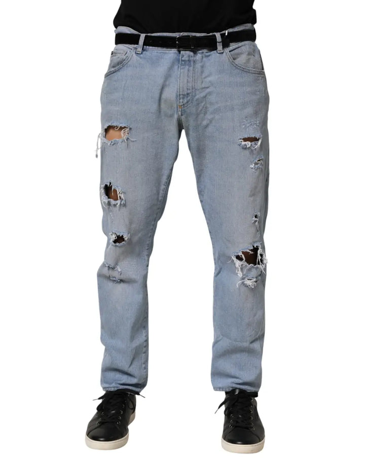 Dolce &amp; Gabbana Blue Cotton Distressed Slim Fit Denim Jeans