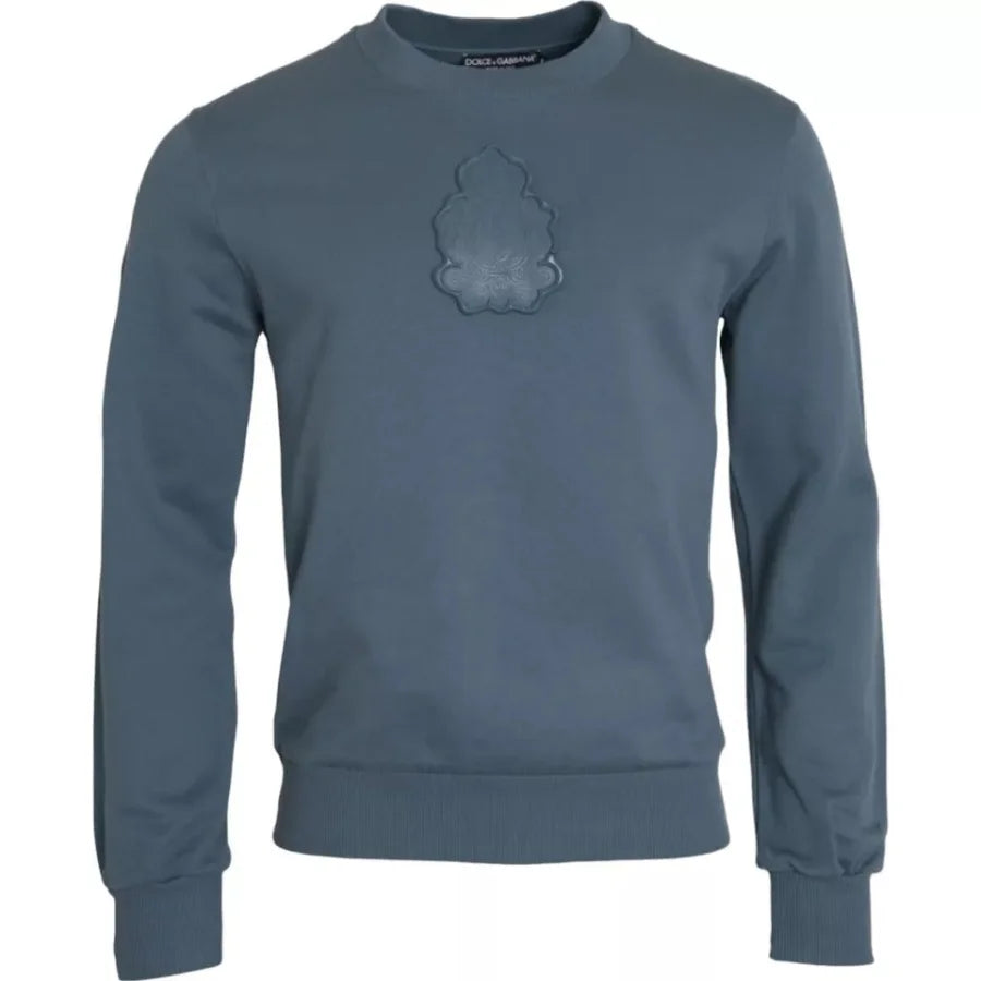 Dolce &amp; Gabbana Blue Cotton Logo Patch Crew Neck Men Pullover Sweater