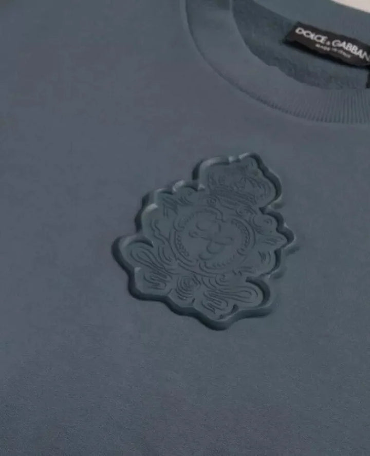 Dolce &amp; Gabbana Blue Cotton Logo Patch Crew Neck Men Pullover Sweater