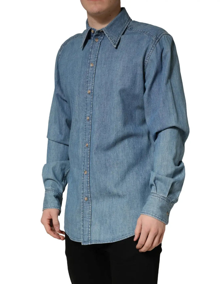 Dolce &amp; Gabbana Blue Cotton Stretch Casual Denim Slim Shirt