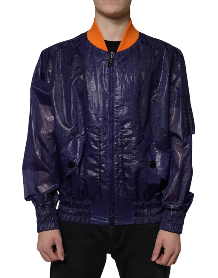 Dolce &amp; Gabbana Blue Cotton Stretch Full Zip Bomber Jacket