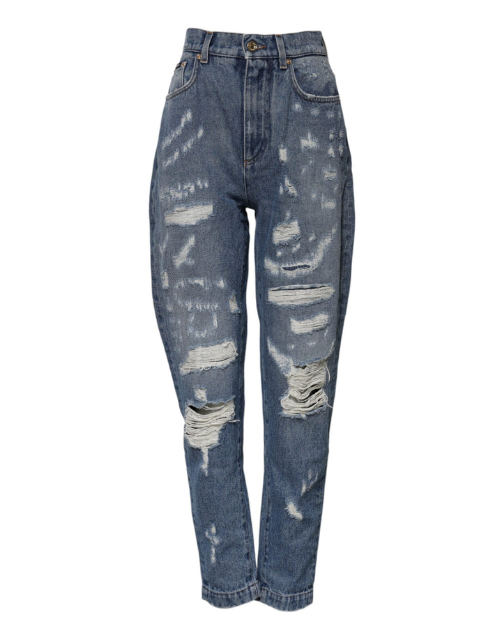 Dolce &amp; Gabbana Blue Cotton Tattered High Waist Denim Jeans
