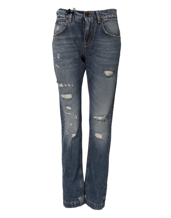 Dolce &amp; Gabbana Blue Cotton Tattered Mid Waist Denim Jeans