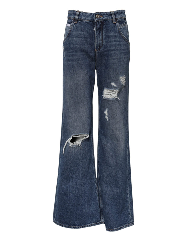 Dolce &amp; Gabbana Blue Cotton Wide Leg Tattered Denim Jeans