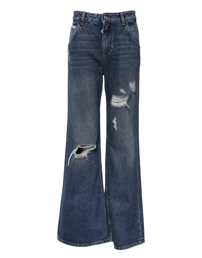 Dolce &amp; Gabbana Blue Cotton Wide Leg Tattered Denim Jeans