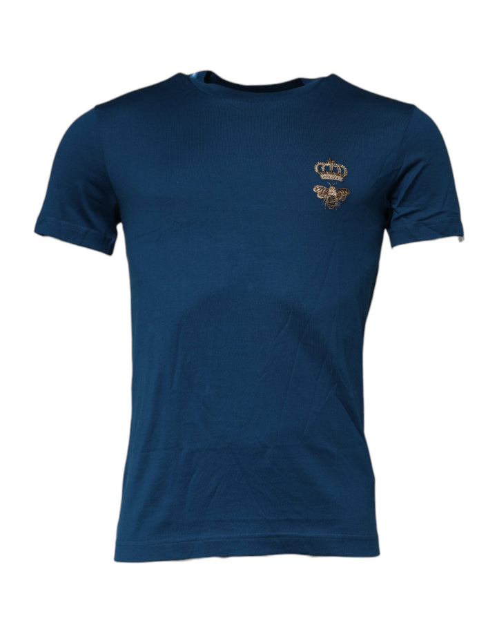 Dolce &amp; Gabbana Blue Crown Bee Cotton Men Crew Neck T-shirt