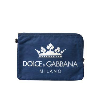 Dolce Gabbana Blue Crown Clutch with Logo and Zip Pockets &