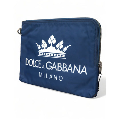 Dolce Gabbana Blue Crown Clutch with Logo and Zip Pockets &