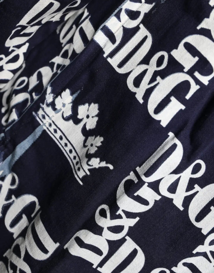 Dolce &amp; Gabbana Blue Crown Logo Print Slim Fit Cotton Shirt