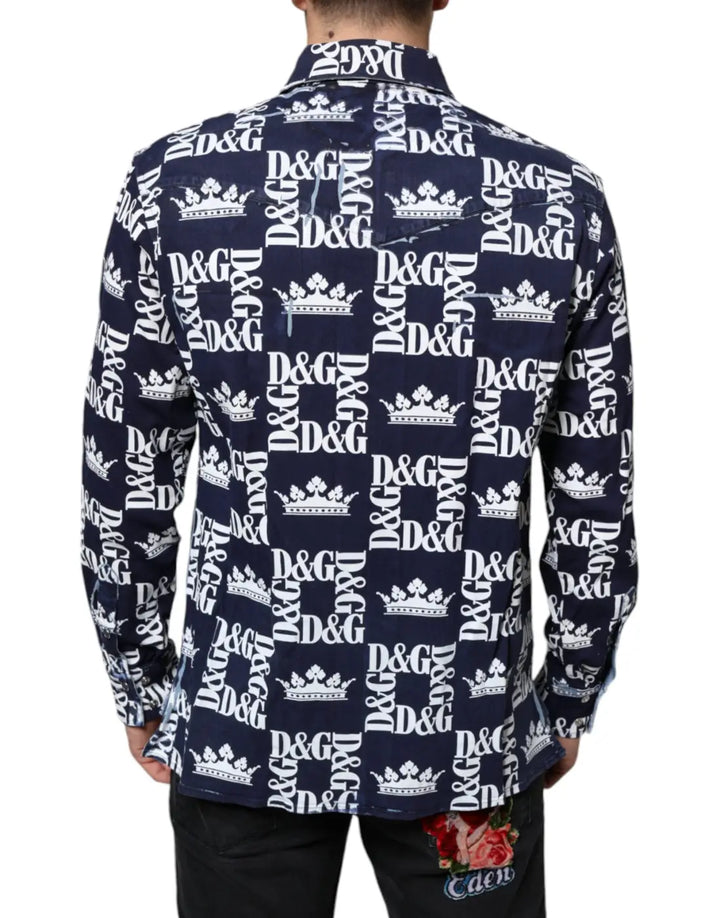 Dolce &amp; Gabbana Blue Crown Logo Print Slim Fit Cotton Shirt