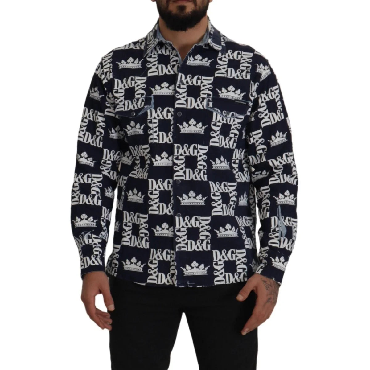 Dolce & Gabbana Blue Denim Stretch DG Crown Logo Casual Shirt