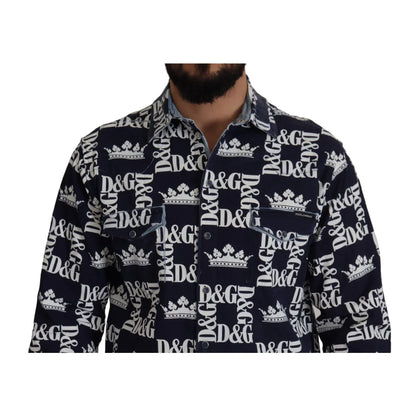 Dolce & Gabbana Blue Denim Stretch DG Crown Logo Casual Shirt