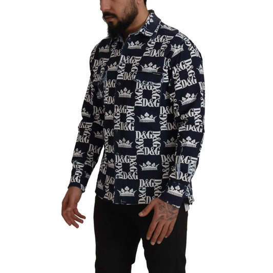Dolce & Gabbana Blue Denim Stretch DG Crown Logo Casual Shirt