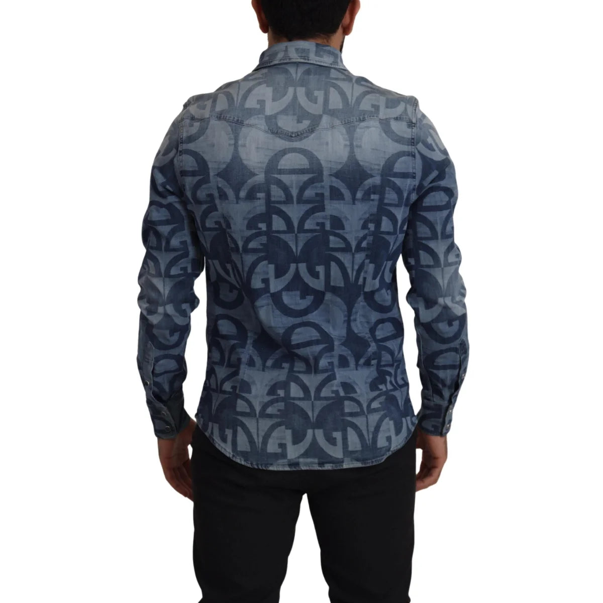 Dolce & Gabbana Blue Denim Stretch DG Logo Casual Mens Slim Shirt
