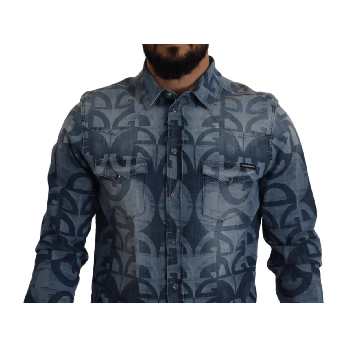 Dolce & Gabbana Blue Denim Stretch DG Logo Casual Mens Slim Shirt