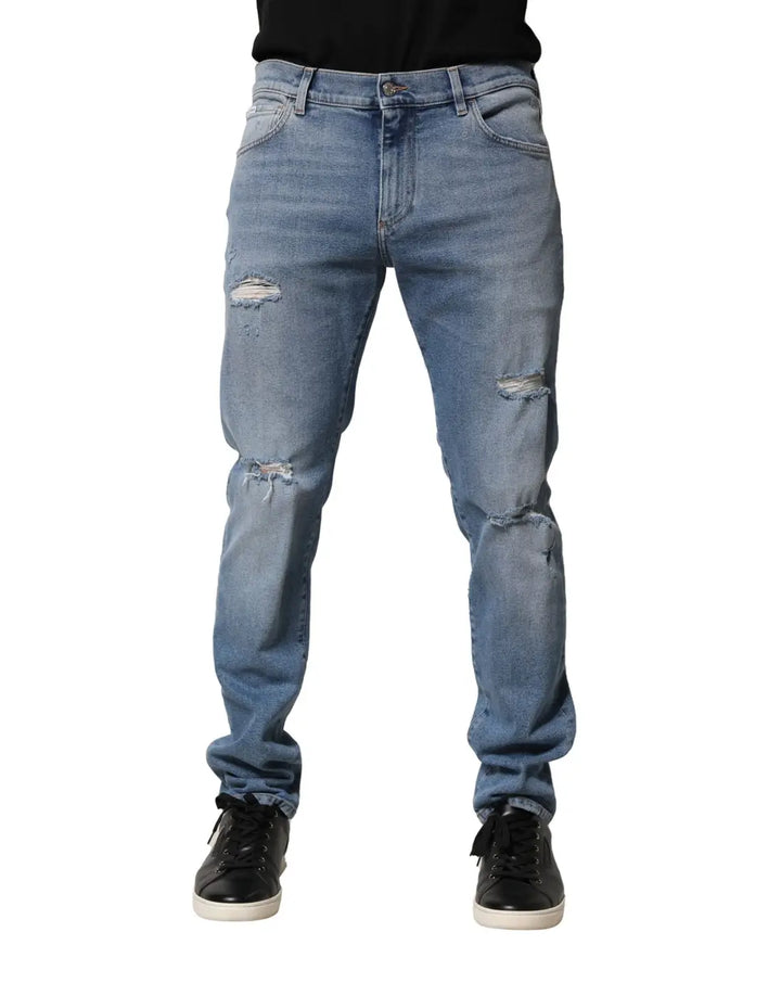 Dolce &amp; Gabbana Blue Distressed Cotton Slim Men Denim Jeans