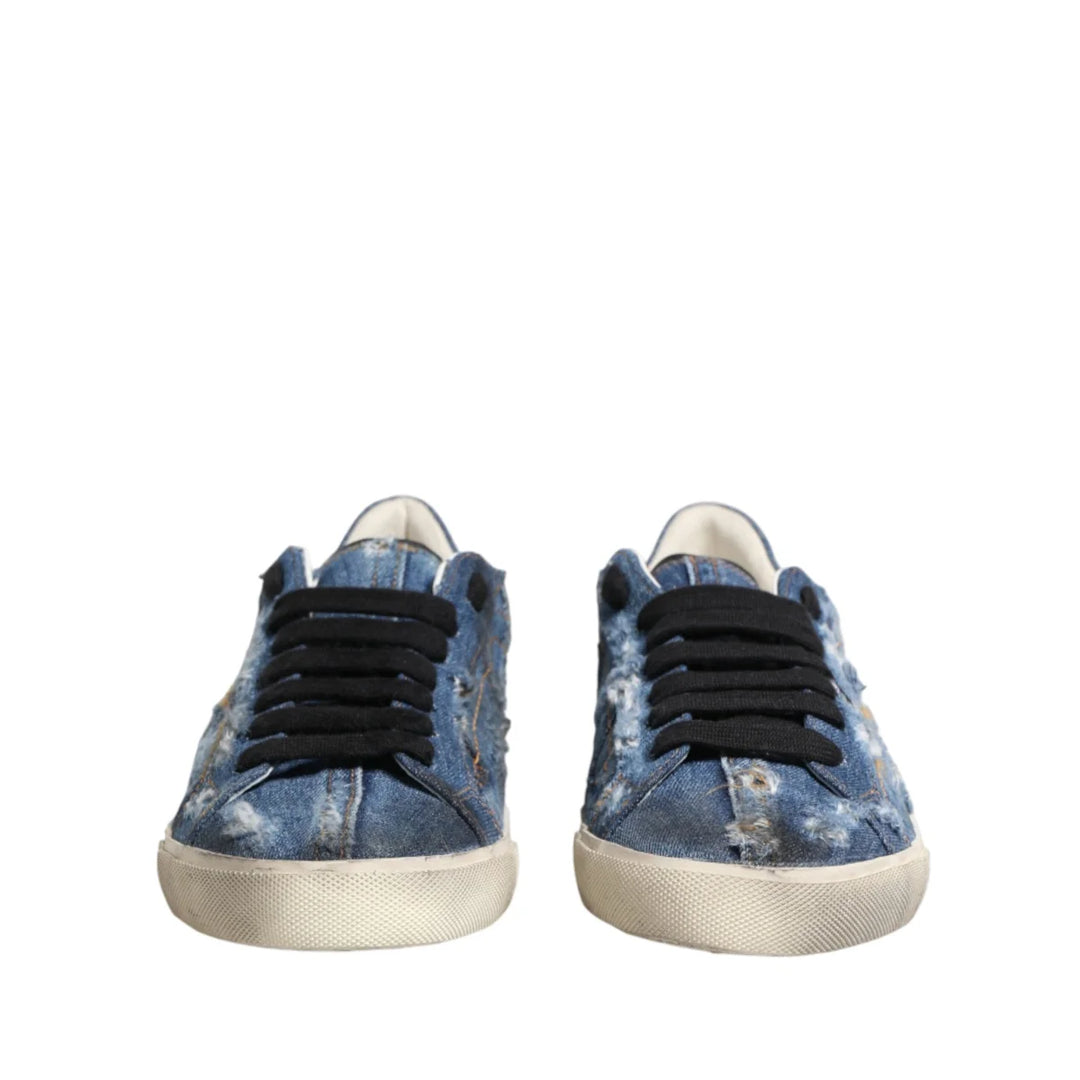 Dolce &amp; Gabbana Blue Distressed Denim Low Top Sneakers Shoes