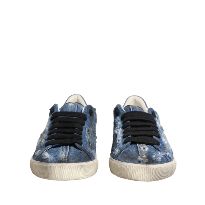 Dolce &amp; Gabbana Blue Distressed Denim Low Top Sneakers Shoes