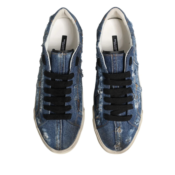 Dolce &amp; Gabbana Blue Distressed Denim Low Top Sneakers Shoes