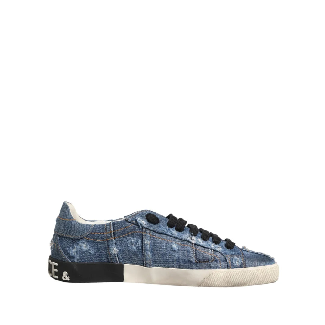 Dolce &amp; Gabbana Blue Distressed Denim Low Top Sneakers Shoes