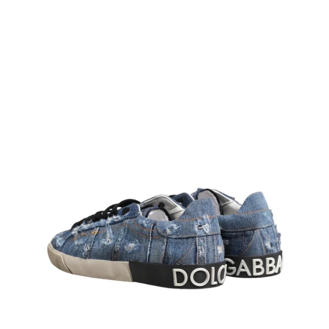 Dolce &amp; Gabbana Blue Distressed Denim Low Top Sneakers Shoes