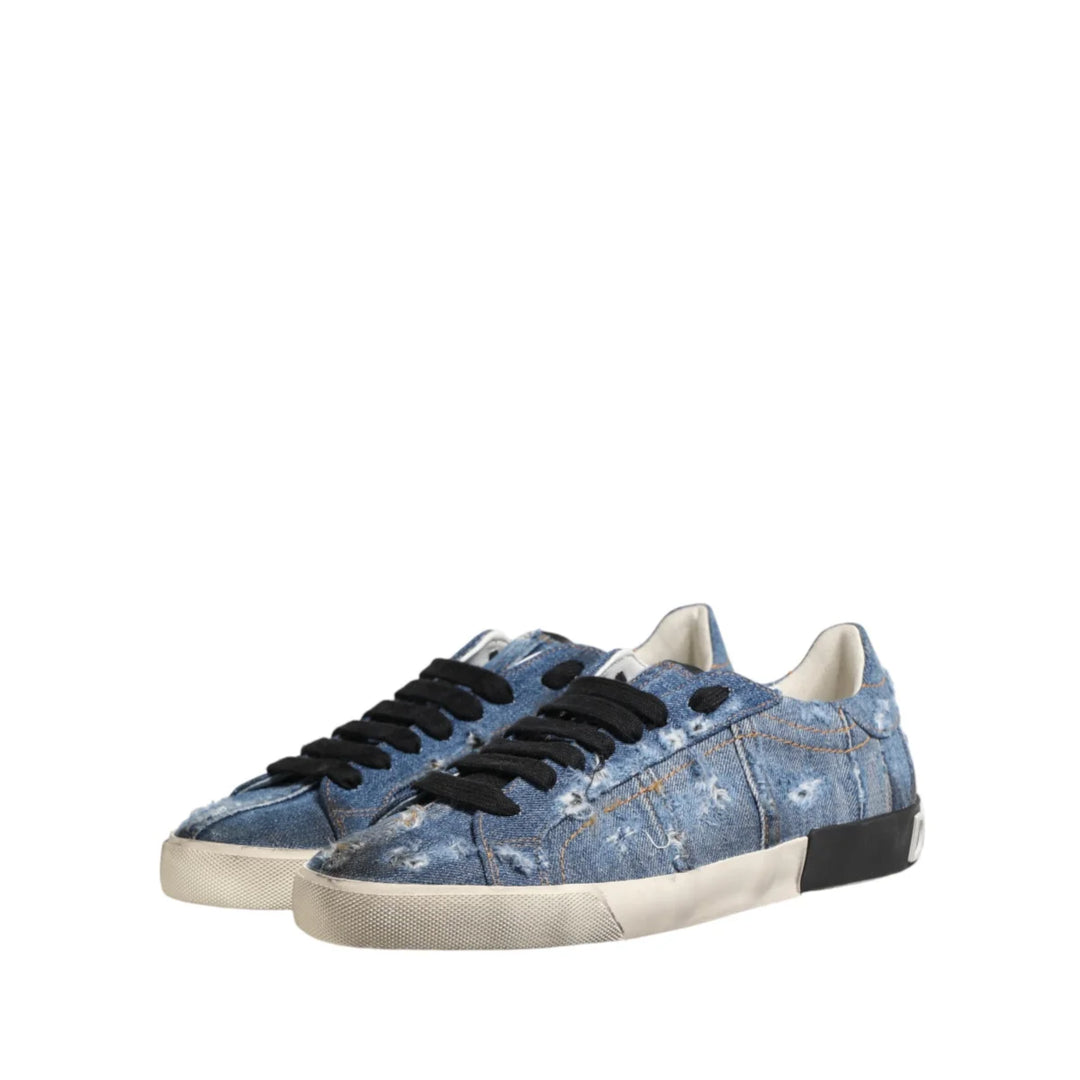 Dolce &amp; Gabbana Blue Distressed Denim Low Top Sneakers Shoes