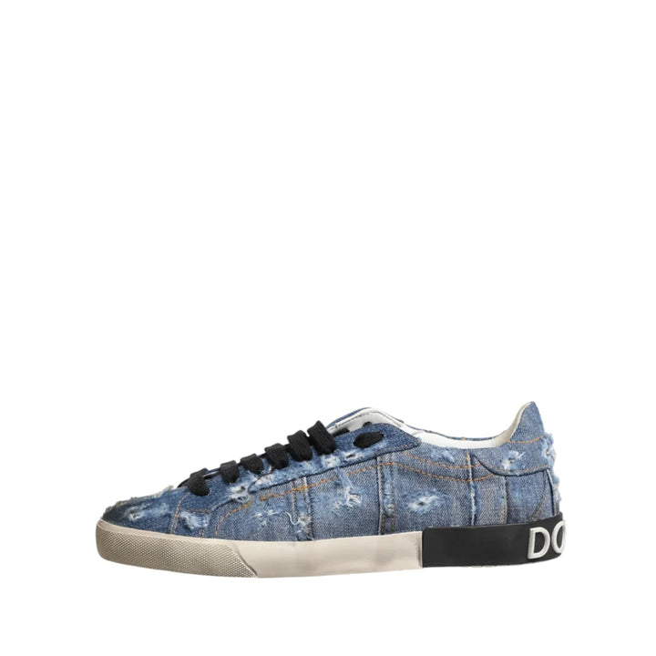 Dolce &amp; Gabbana Blue Distressed Denim Low Top Sneakers Shoes