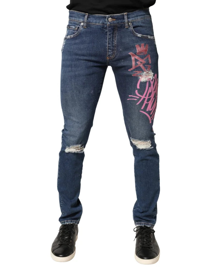 Dolce &amp; Gabbana Blue Distressed Graffiti Print Skinny Jeans