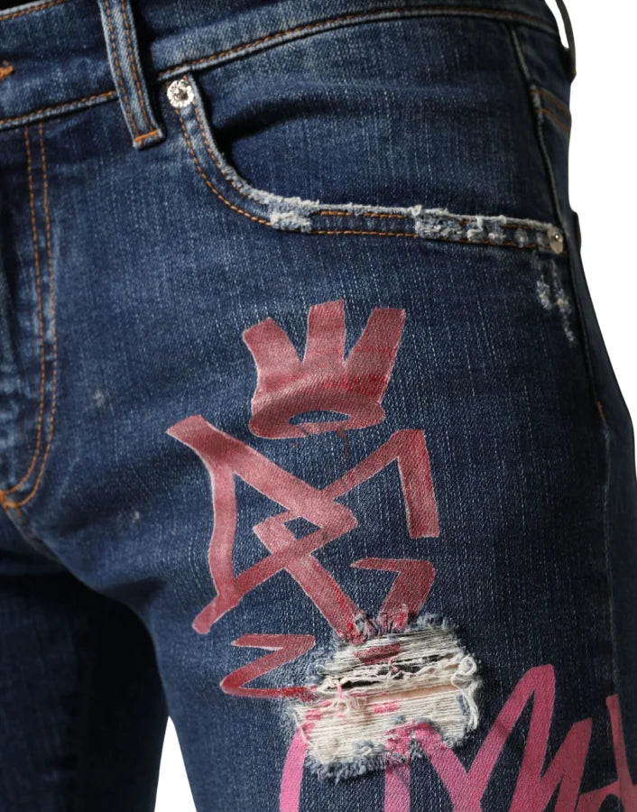 Dolce &amp; Gabbana Blue Distressed Graffiti Print Skinny Jeans
