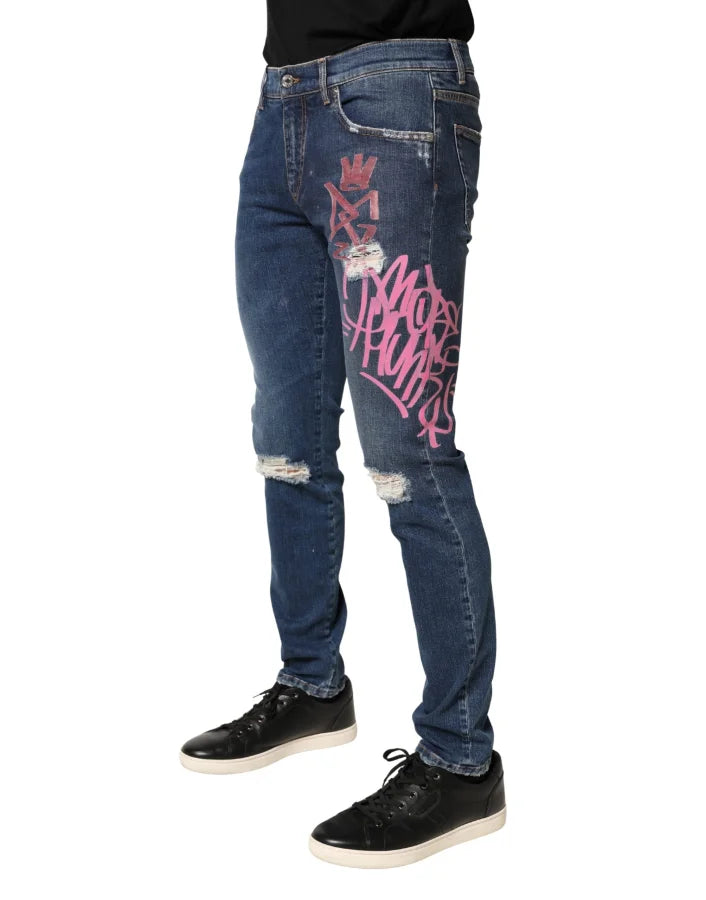 Dolce &amp; Gabbana Blue Distressed Graffiti Print Skinny Jeans