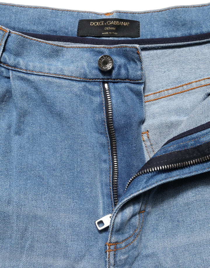 Dolce &amp; Gabbana Blue Distressed Pleated Cotton Denim Jeans
